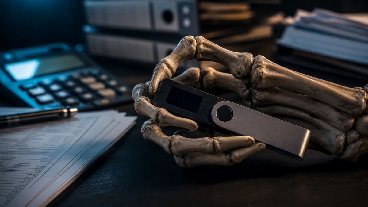 Knöcherne Hand greift nach einem Krypto-Hardware-Wallet auf einem Schreibtisch mit Steuerunterlagen