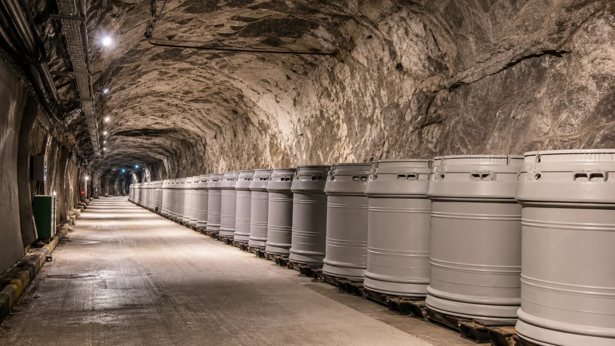 Symbolbild einer Untertagedeponie mit versiegelten Abfallbehältern in einem Salzbergwerk.