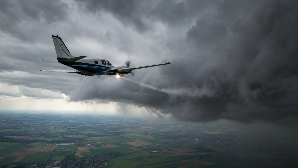 Kleinflugzeug bringt Partikel in eine dunkle Gewitterwolke über einer mitteleuropäischen Landschaft ein – Symbolbild für Cloud Seeding und Wettermodifikation