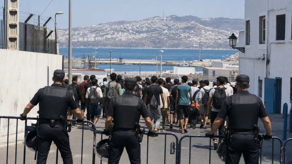 Illustration einer Migrantengruppe auf einer Küstenstraße in Ceuta hinter einer Polizeisperre
