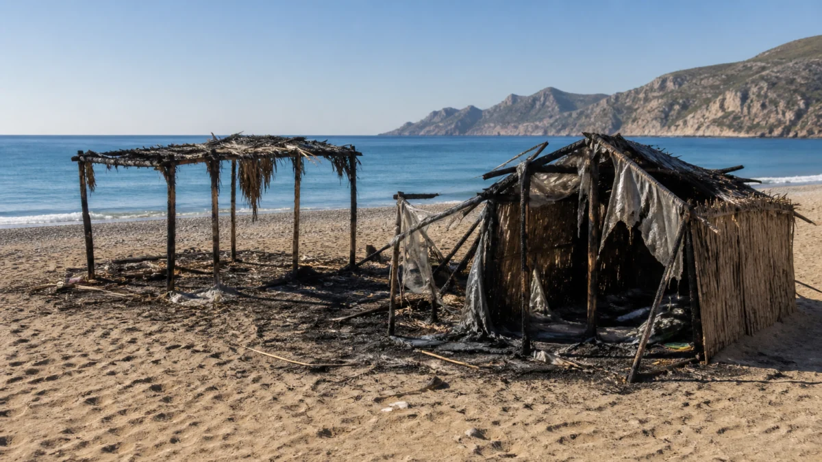 Zwei beschädigte improvisierte Unterkünfte stehen an einem menschenleeren Strand.
