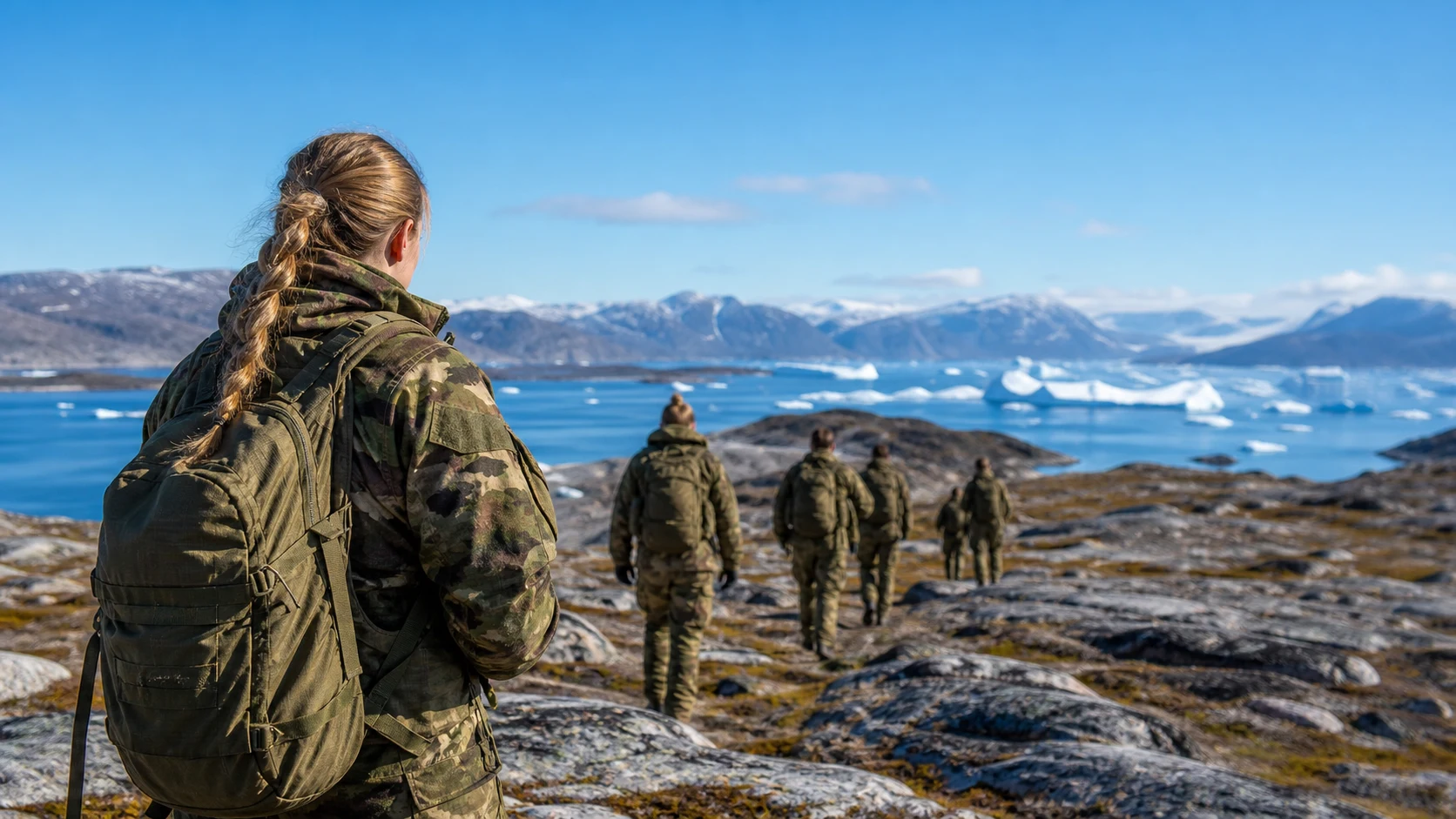 Junge Soldatin mit Rucksack folgt einer Gruppe Wehrpflichtiger durch eine arktische Landschaft in Grönland