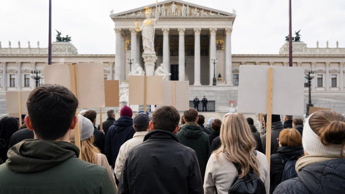 Demonstration vor dem österreichischen Parlament in Wien, von hinten gesehen