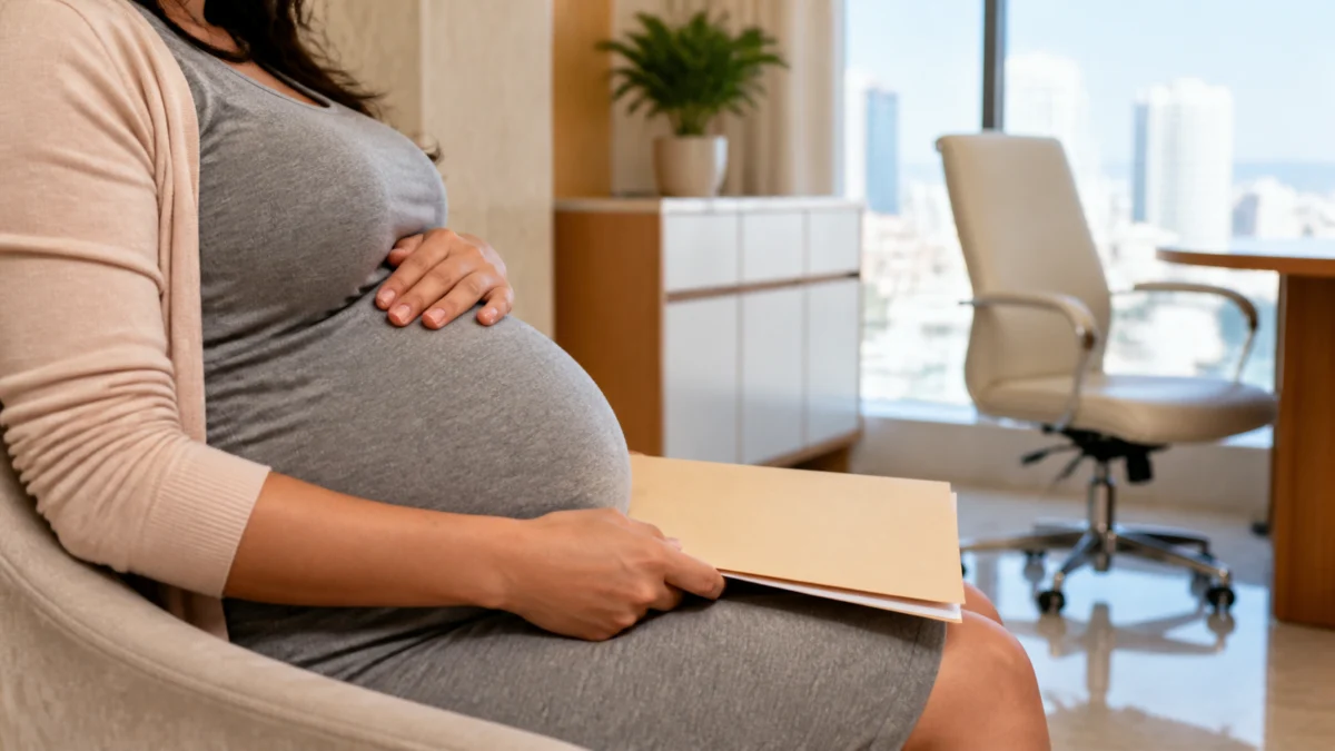 Schwangere Frau mit Vertragsmappe in einer privaten Kinderwunschklinik