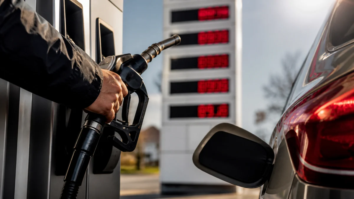 Autofahrer nimmt an einer Tankstelle die Zapfpistole