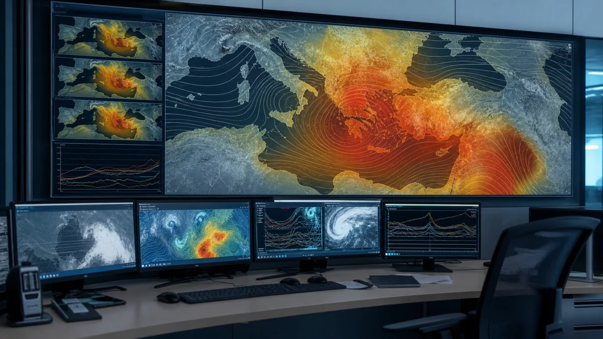 Meteorologische Forschungszentrale mit Wetterkarten einer Hitzewelle im östlichen Mittelmeer