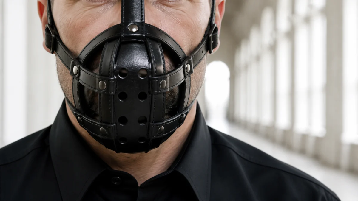 Anonymer Mann von der Augenpartie abwärts mit schwarzem Leder-Maulkorb