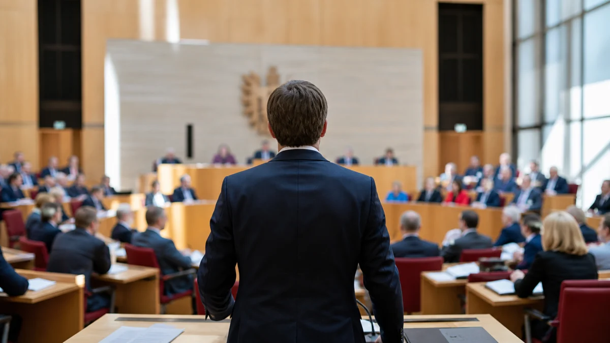 Ein Politiker steht im Plenarsaal eines Landtags vor einer Abstimmung.