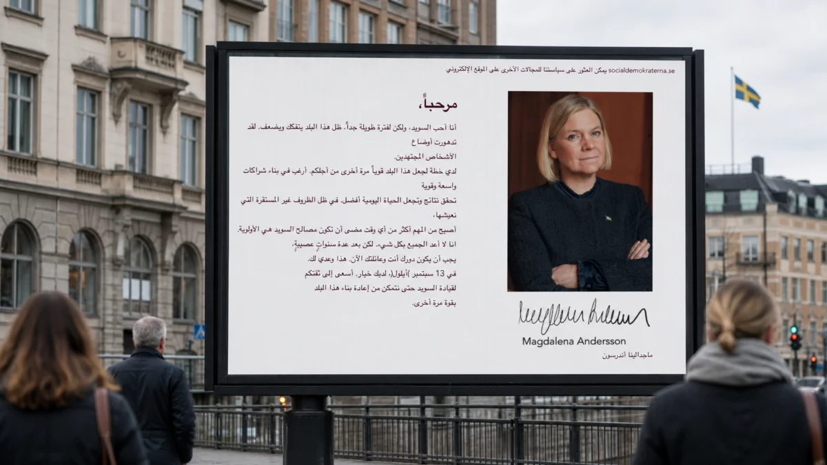 Arabischsprachige Seite der schwedischen Sozialdemokraten mit Magdalena Andersson auf einer montierten Wahlplakatfläche