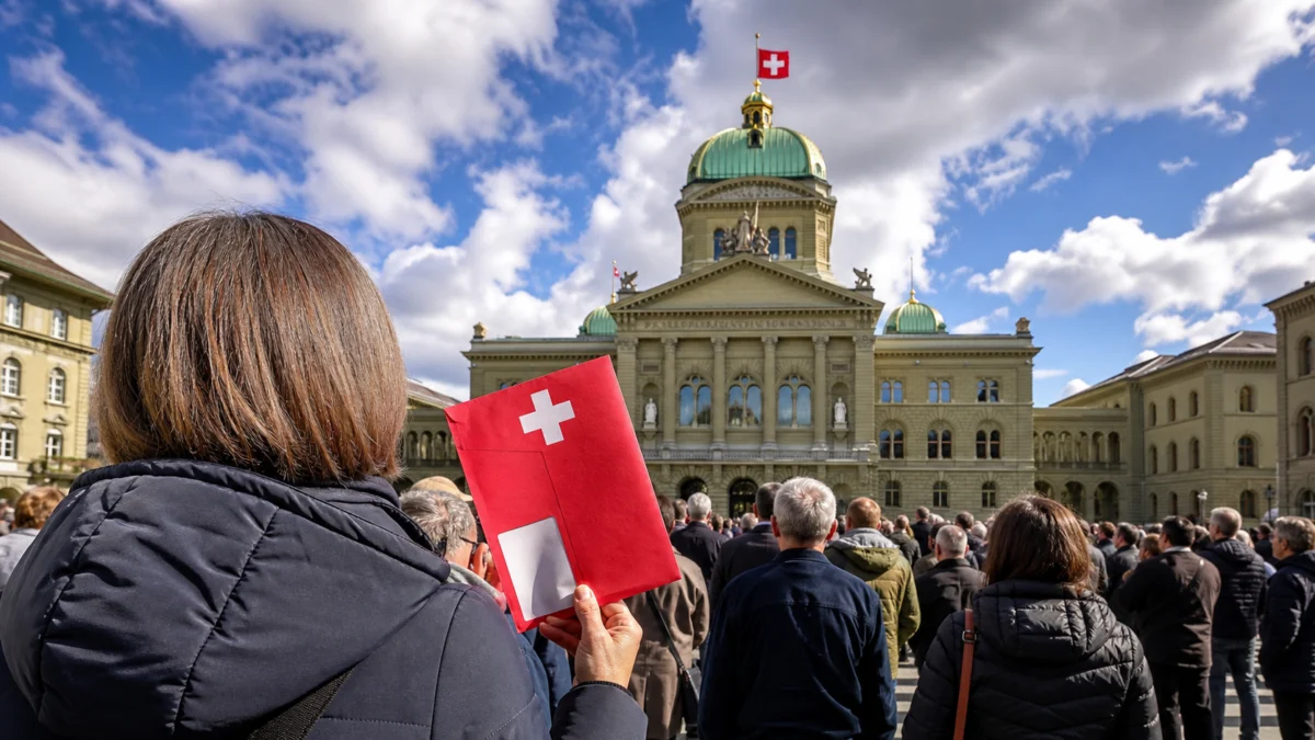 Schweizer Stimmbürger vor dem Bundeshaus mit Abstimmungsunterlagen