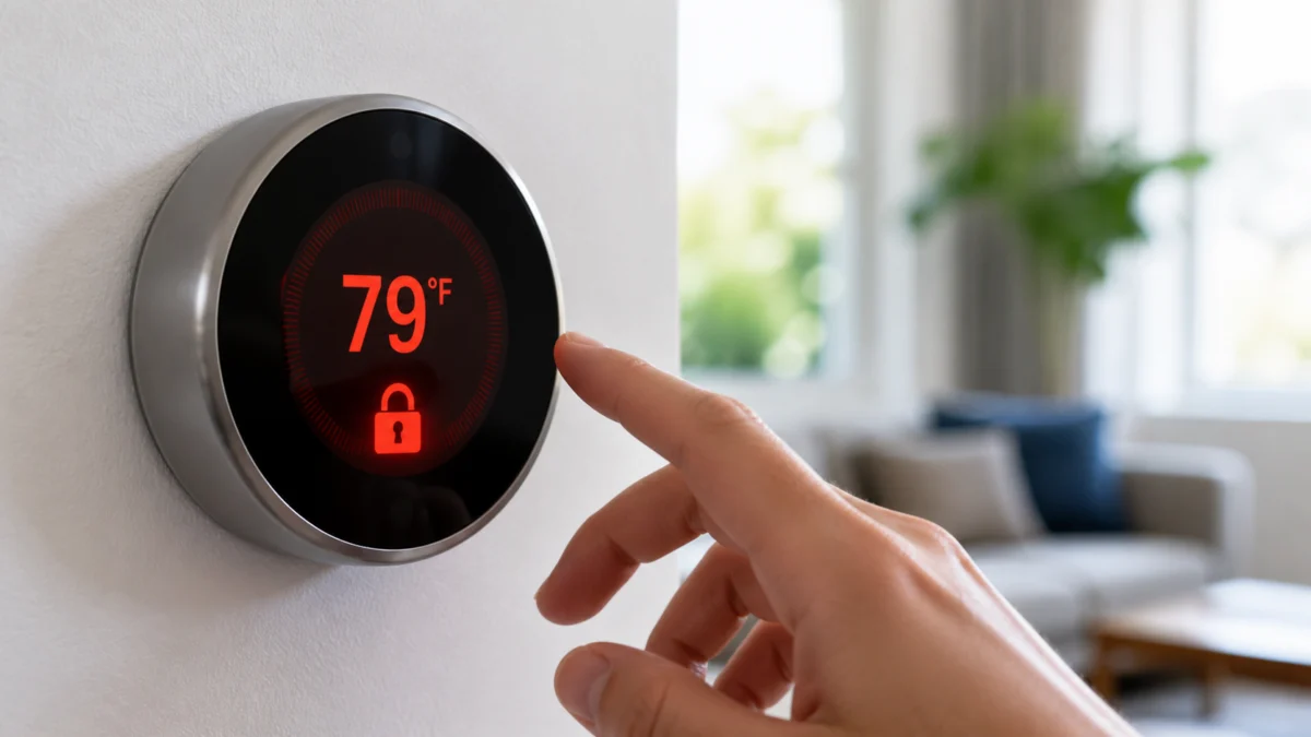 Hand vor einem gesperrten Smart-Thermostat mit 79 Grad Fahrenheit