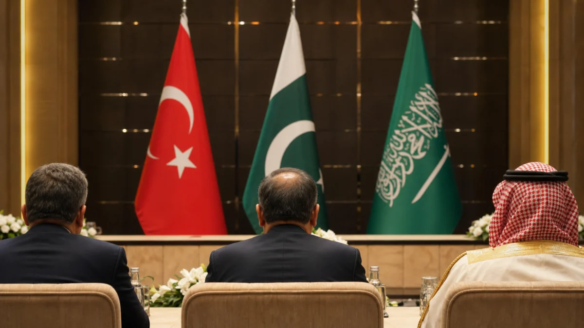 Flaggen der Türkei, Pakistans und Saudi-Arabiens bei einer Verteidigungskonferenz