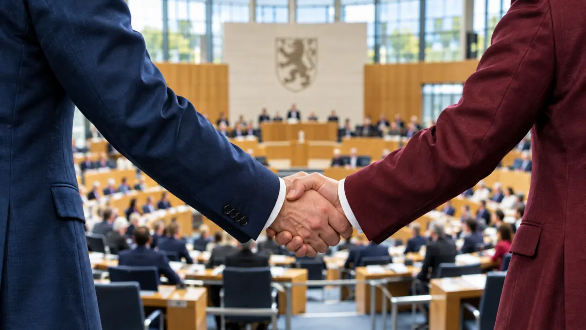 Symbolbild zweier Politiker, die sich vor einem Landtag die Hand geben