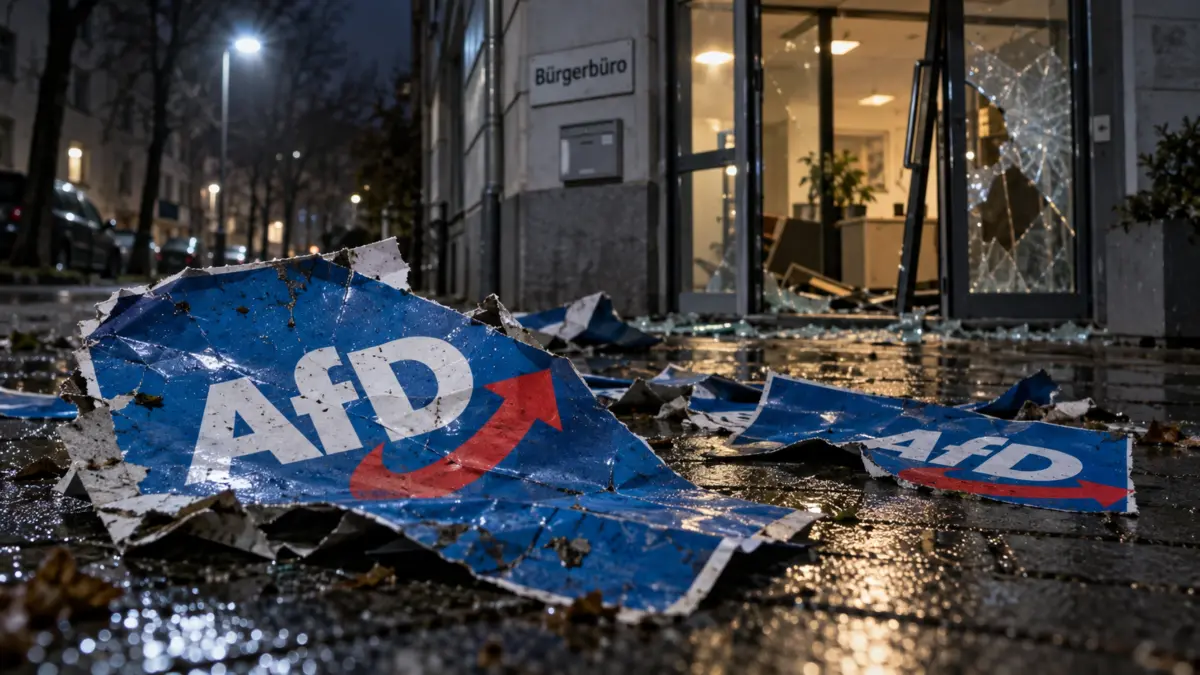 Abgerissene AfD-Plakate bei Nacht vor einer demolierten Eingangstür zu einem Bürgerbüro
