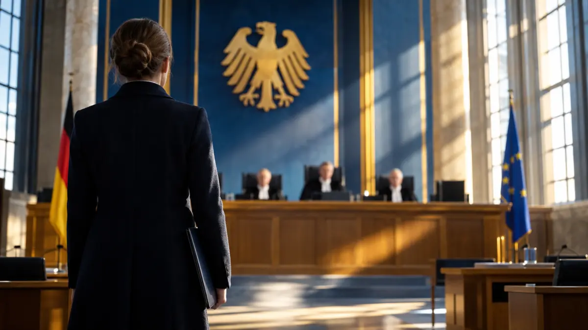 Symbolbild einer Person vor der Richterbank in einem Gerichtssaal