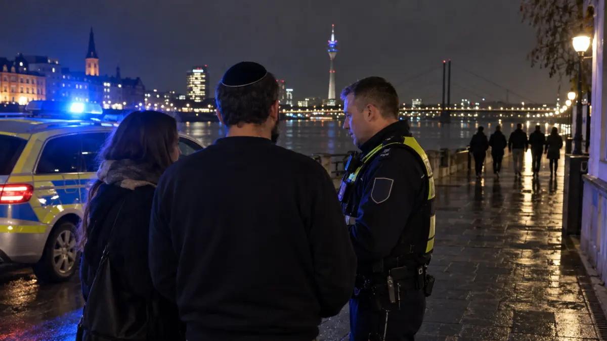 Jüdischer Mann mit Kippa spricht nachts am Düsseldorfer Rheinufer mit einem Polizisten