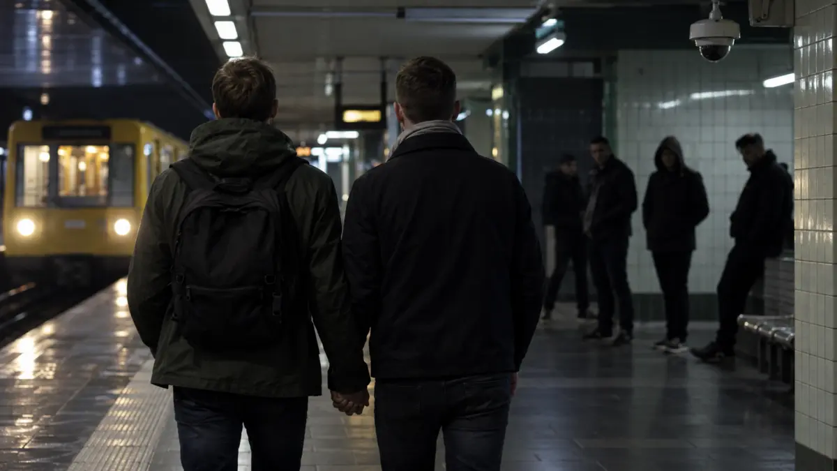Zwei Männer halten nachts in einer U-Bahn-Station Händchen, während dunkle Gestalten im Hintergrund stehen und eine Überwachungskamera über dem Bahnsteig hängt