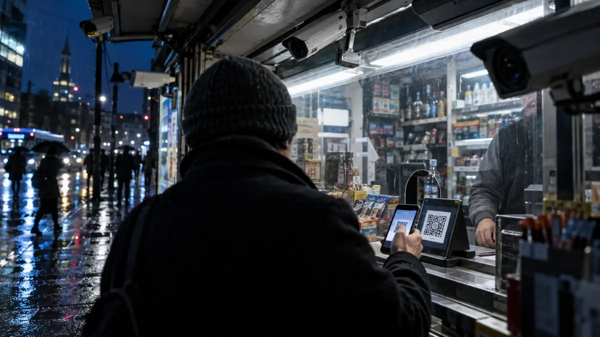 Ein Kunde bezahlt nachts an einem Kiosk per QR-Code unter mehreren Überwachungskameras