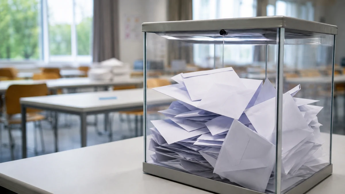 Transparente Wahlurne mit Briefwahlumschlägen in einem Wahlraum