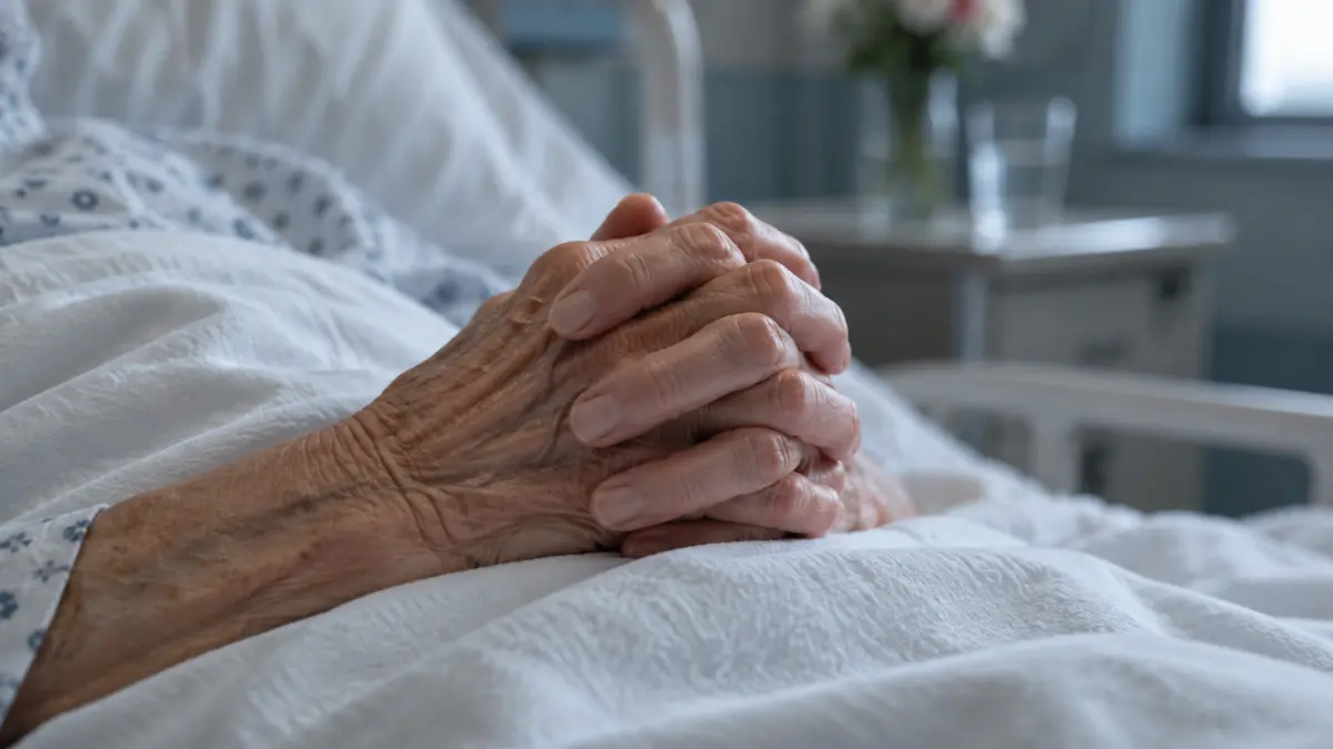 Symbolbild: gefaltete Hände einer älteren Frau auf einer weißen Krankenhausdecke