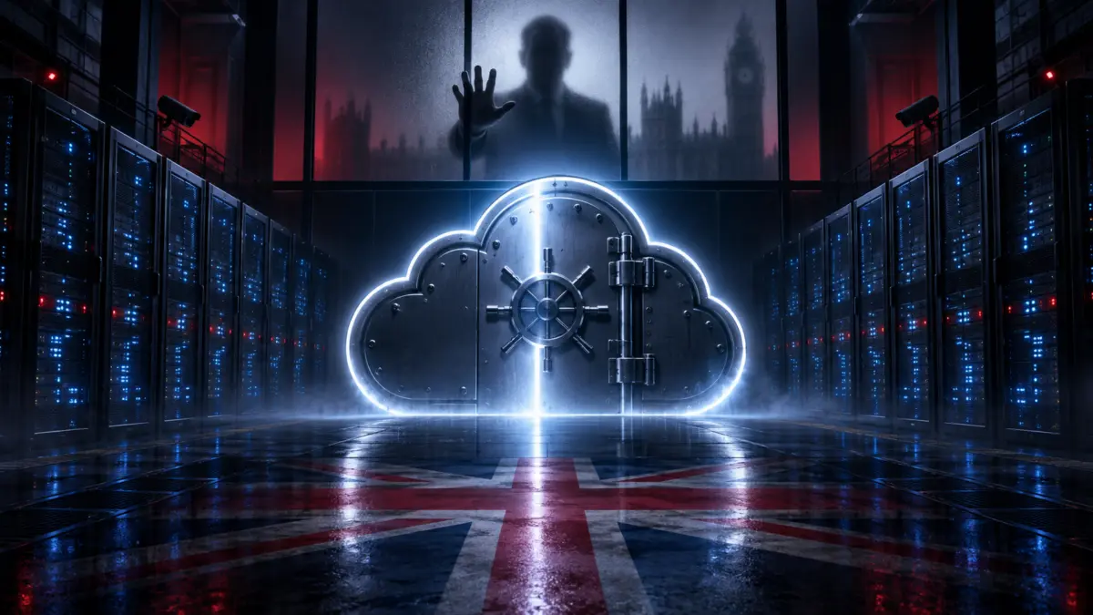 Symbolische Cloud-Tresortür in einem Rechenzentrum vor britischer Kulisse