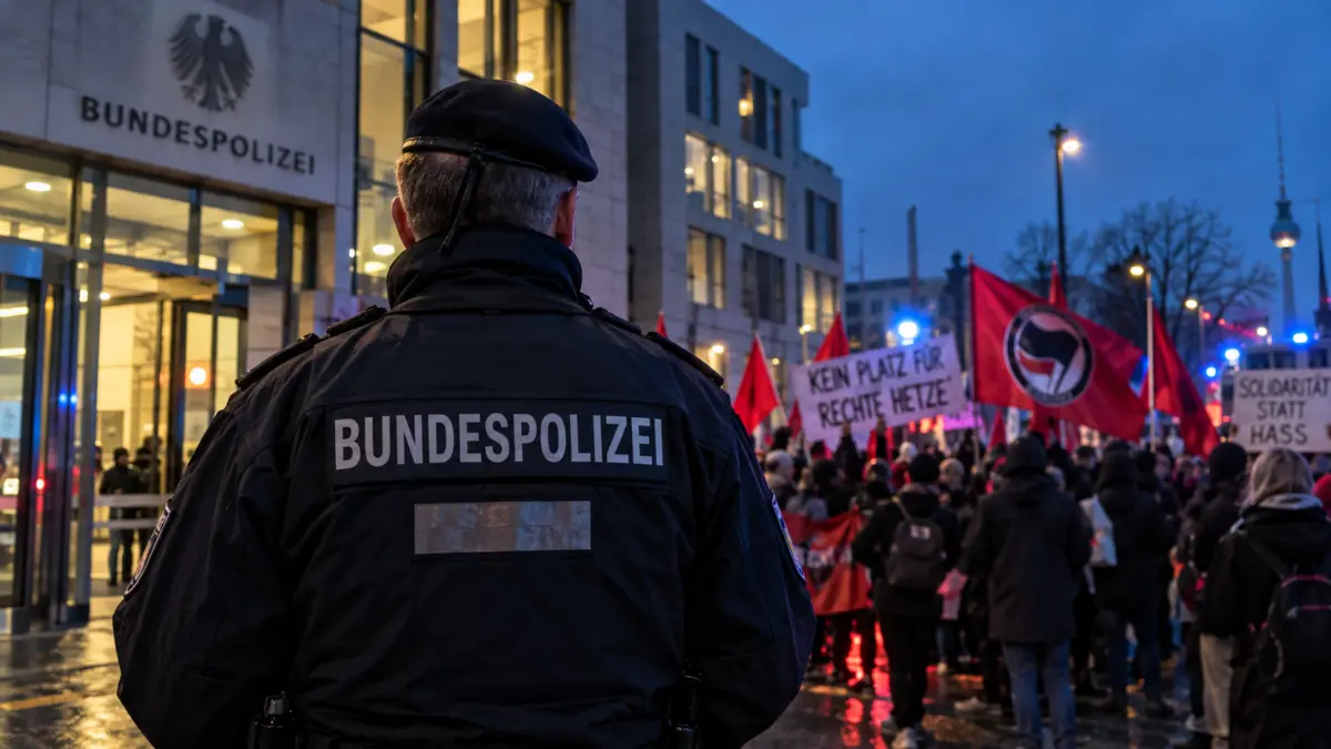 Anonymer Bundespolizist vor einer Dienststelle mit linker Demonstration im Hintergrund