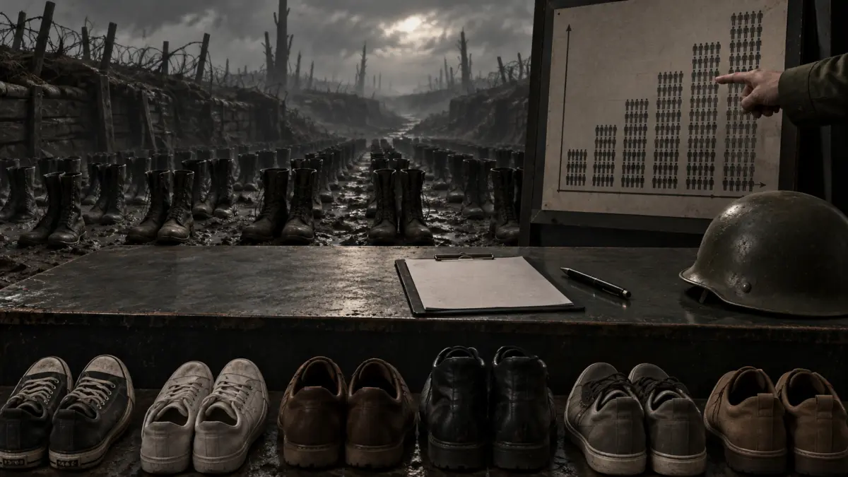 KI-generiertes Symbolbild mit zivilen Schuhen, leeren Soldatenstiefeln und einer Rekrutierungsstatistik