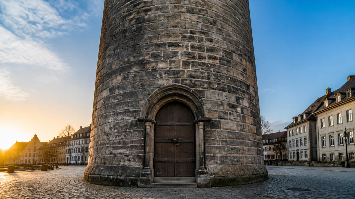 Verschlossene Tür eines mittelalterlichen Steinturms