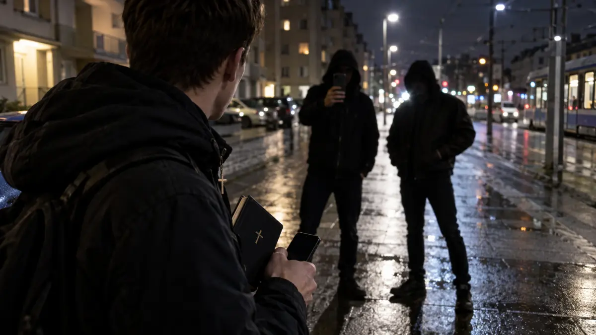 Ein junger Christ steht bei Nacht zwei bedrohlichen Männern mit Smartphone gegenüber