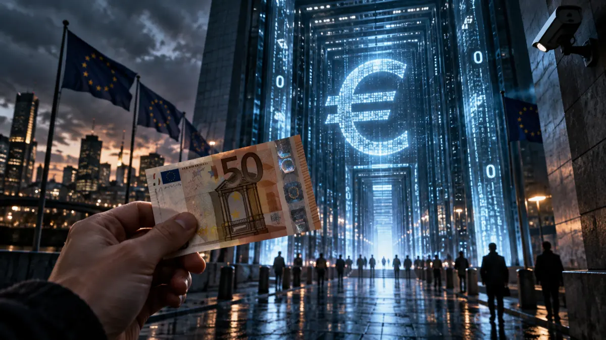 Hand mit Euro-Banknote vor einer bedrohlich wirkenden digitalen Zahlungsinfrastruktur