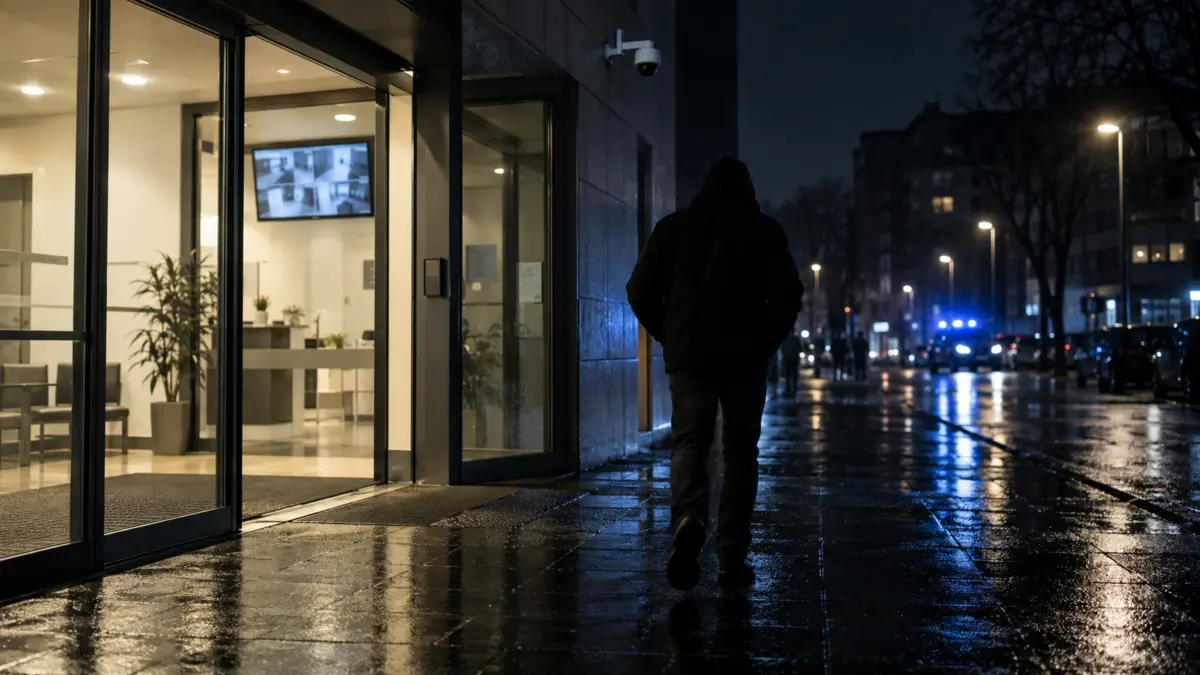 Eine anonyme Person verlässt nachts eine Beratungsstelle während in der Ferne Polizeiblaulicht zu sehen ist