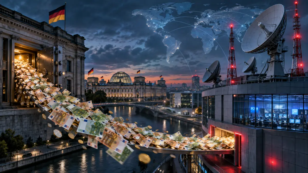 Euro-Banknoten fließen aus einem Regierungsgebäude zu einer internationalen Sendeanlage