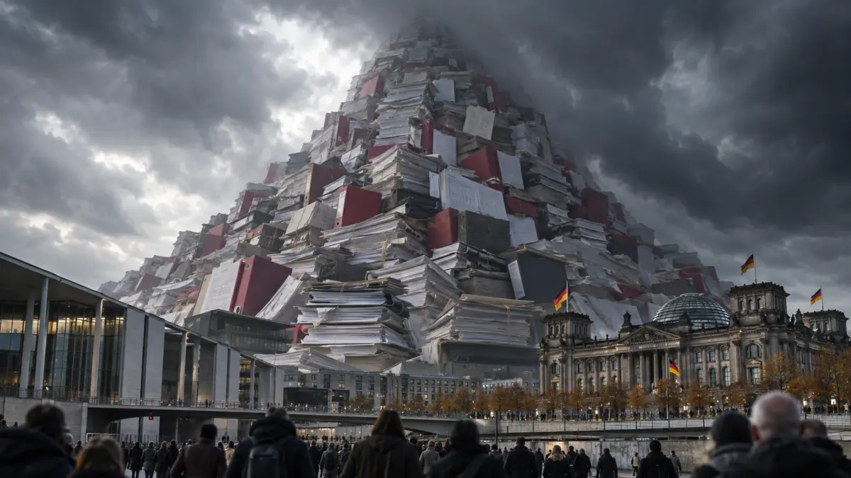 Ein riesiger Berg aus Akten und Haushaltsordnern ragt hinter dem Reichstag bis in dunkle Wolken