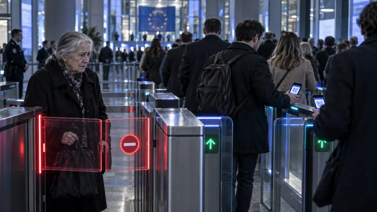 Eine ältere Frau steht vor einer geschlossenen digitalen Zugangsschranke, während andere Menschen Smartphones benutzen