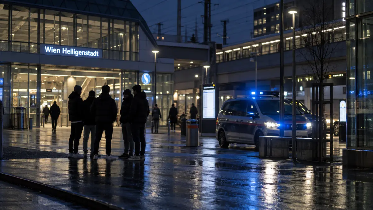 Nächtlicher Polizeieinsatz an einem Wiener Bahnhof mit einer Jugendgruppe im Hintergrund