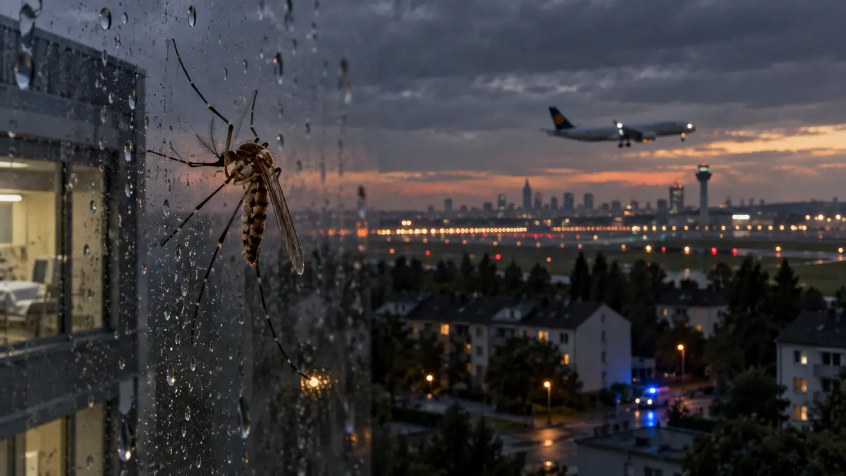 Anophelesmücke vor dem Frankfurter Flughafen und dem Stadtteil Schwanheim bei Nacht