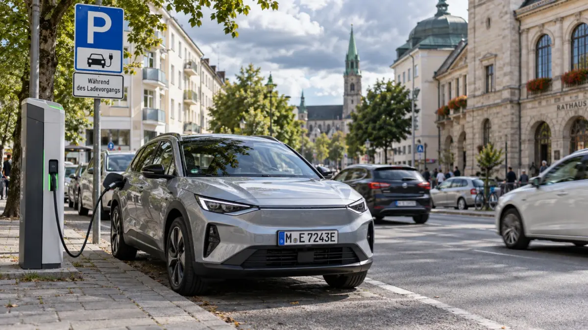 Elektroauto an einer öffentlichen Ladesäule in einer deutschen Innenstadt