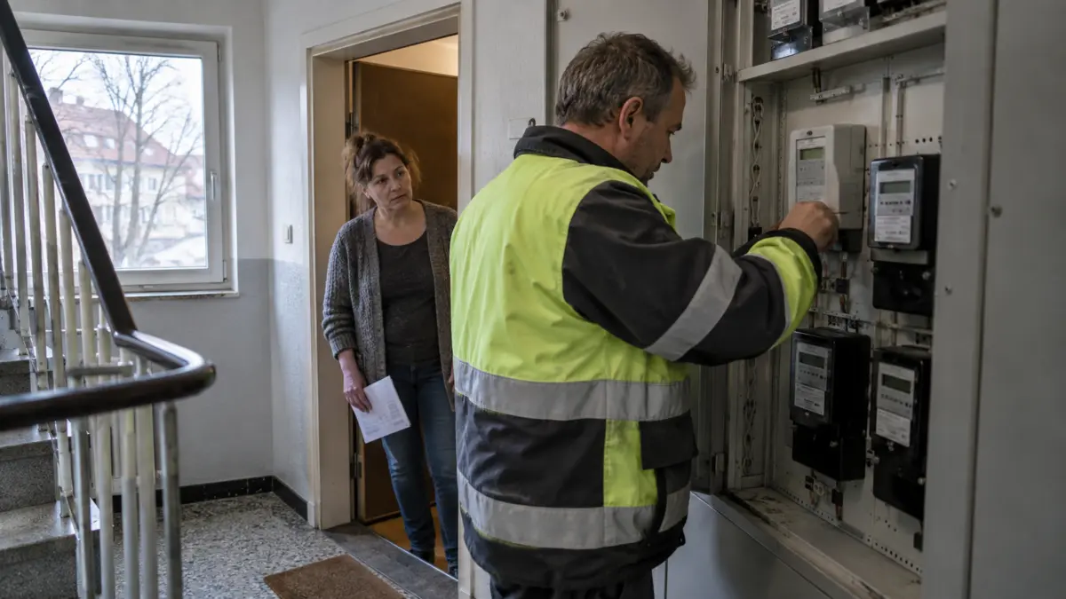 Mitarbeiter eines Energieversorgers arbeitet am Stromkasten eines Wohnhauses