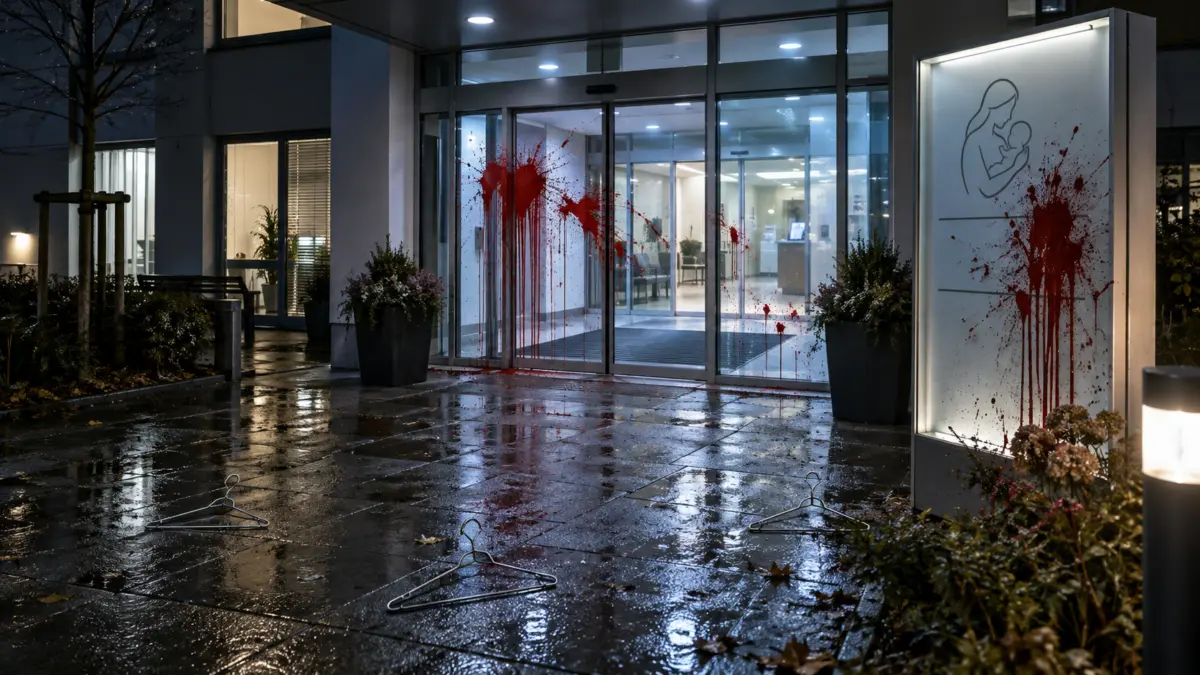Mit roter Farbe beschmierter Eingang einer Mutter-Kind-Klinik bei Nacht