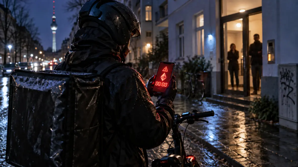 Ein Essenslieferant betrachtet bei Nacht eine bedrohliche Kryptowährungswarnung auf seinem Smartphone