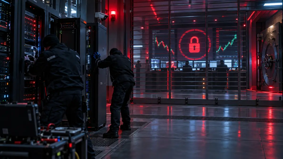 Sicherheitstechniker sperren während eines Kryptoangriffs ein Rechenzentrum ab