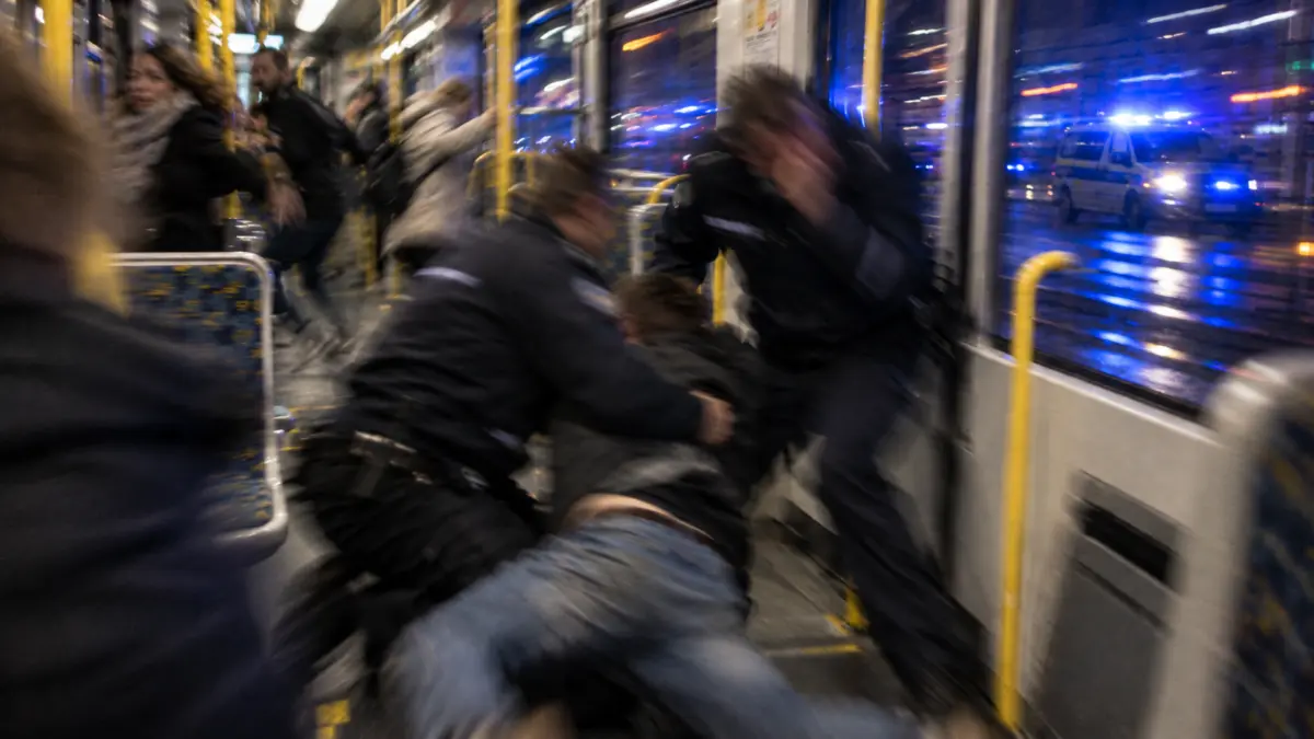 Stark bewegungsunscharfe Auseinandersetzung zwischen Kontrolleuren und einem Fahrgast in einer Straßenbahn bei Nacht