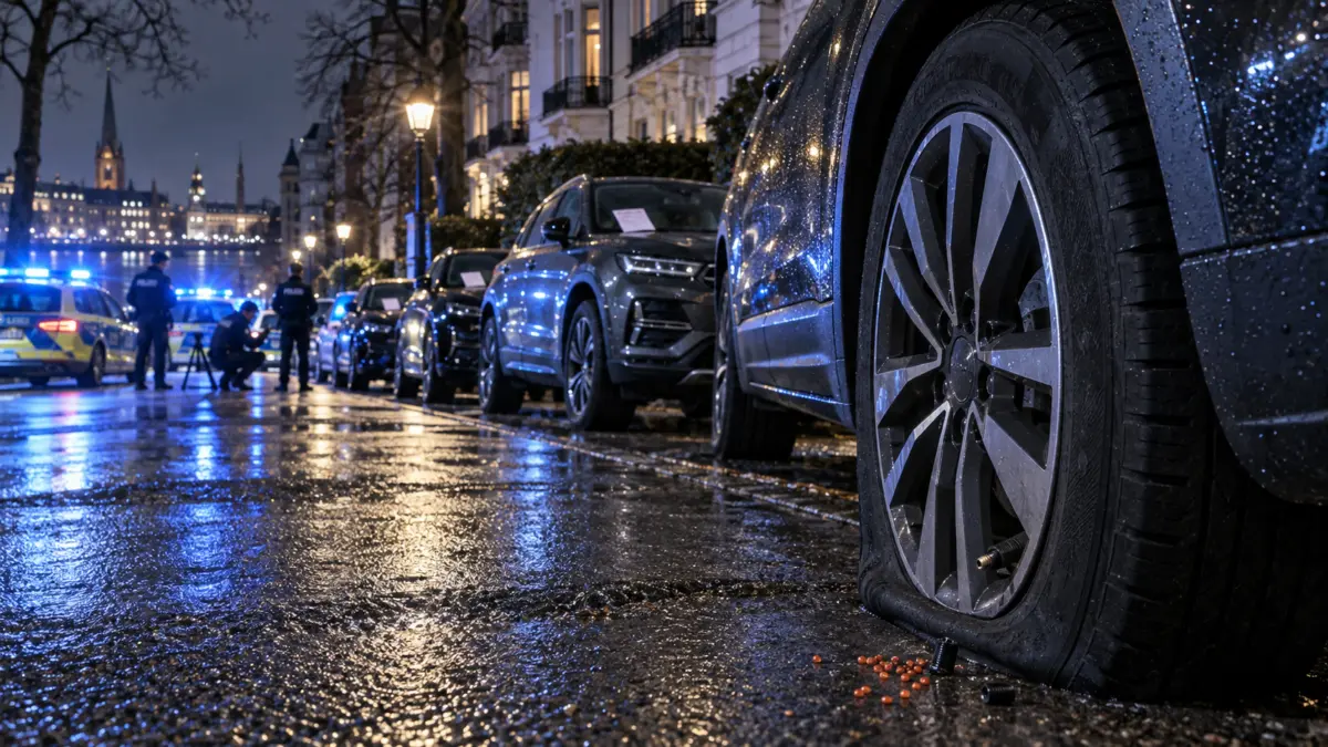SUV mit plattem Reifen auf einer Hamburger Straße bei Nacht während eines Polizeieinsatzes