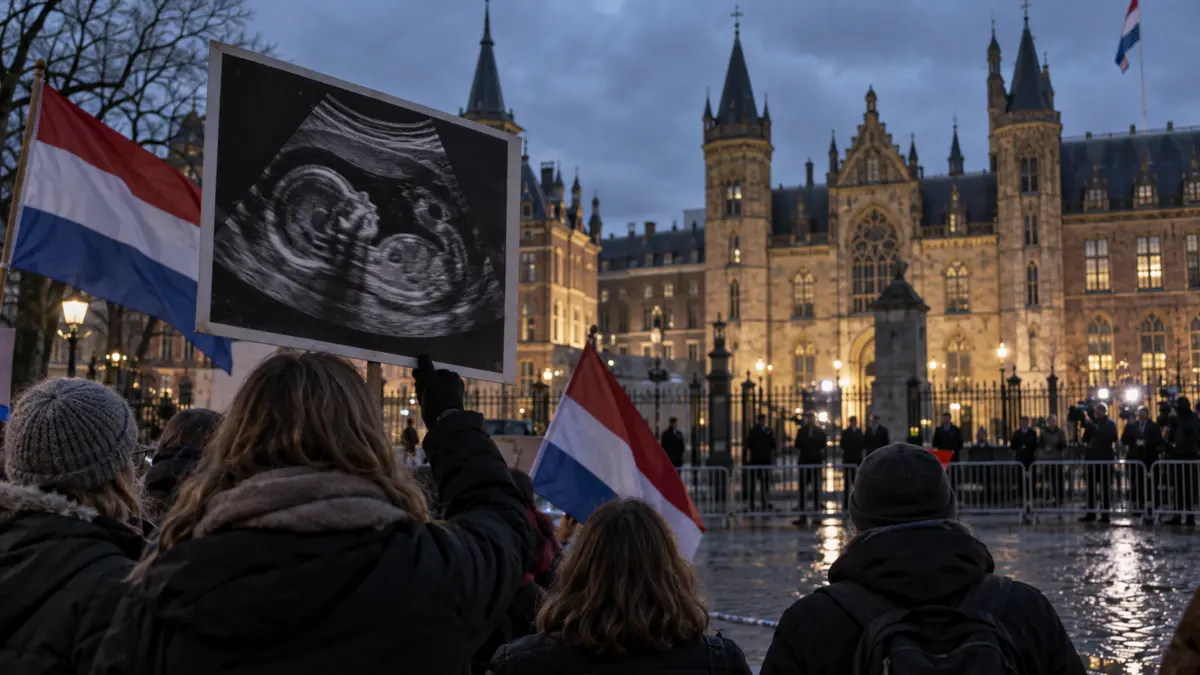 Lebensschützer mit einem Ultraschallbild und niederländischen Fahnen vor dem Parlament in Den Haag