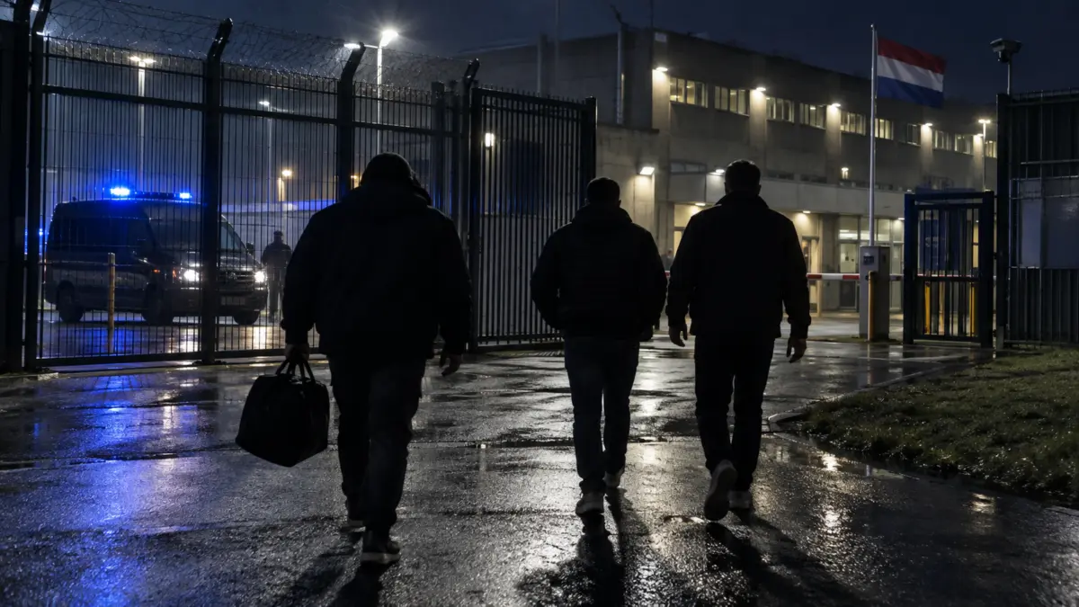 Drei anonyme Männer verlassen nachts eine niederländische Abschiebeeinrichtung