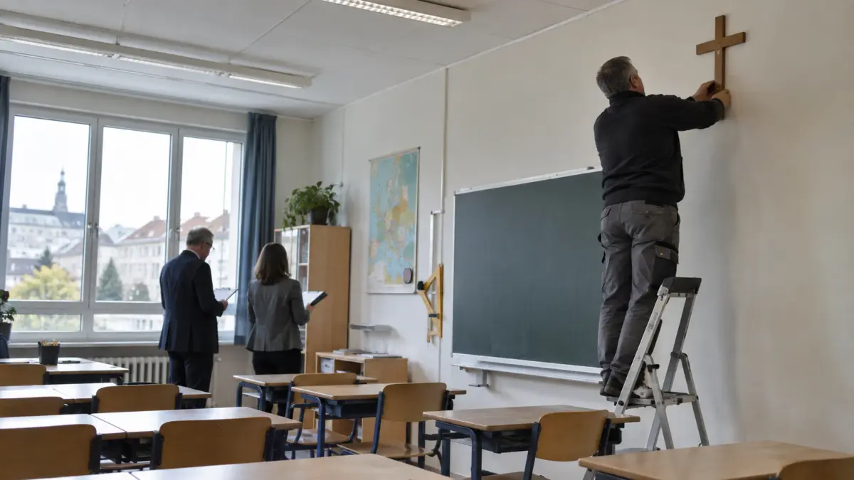 Hausmeister bringt in einem österreichischen Klassenzimmer ein Holzkreuz an