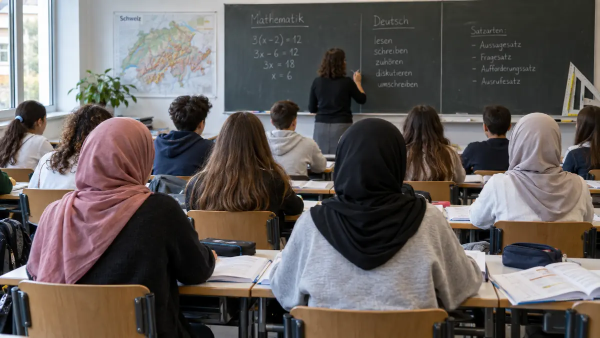 Schweizer Klassenzimmer mit Blick zur Tafel und mehreren Schülerinnen mit Kopftuch