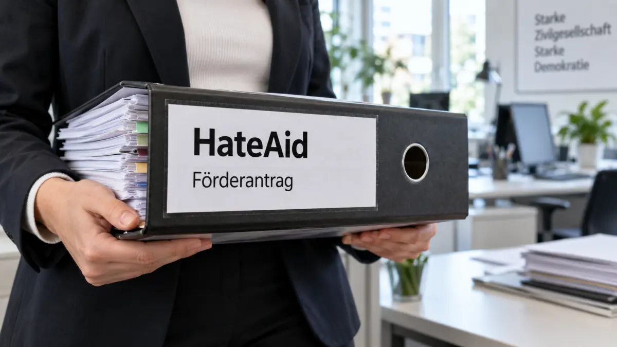 Hände halten eine Akte mit der Aufschrift HateAid Förderantrag