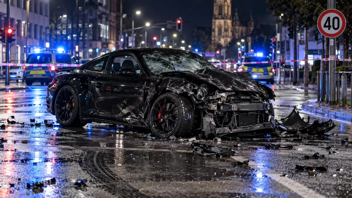 Zerstörter schwarzer Sportwagen an einer nächtlichen Innenstadt-Kreuzung neben einem Tempo-40-Schild