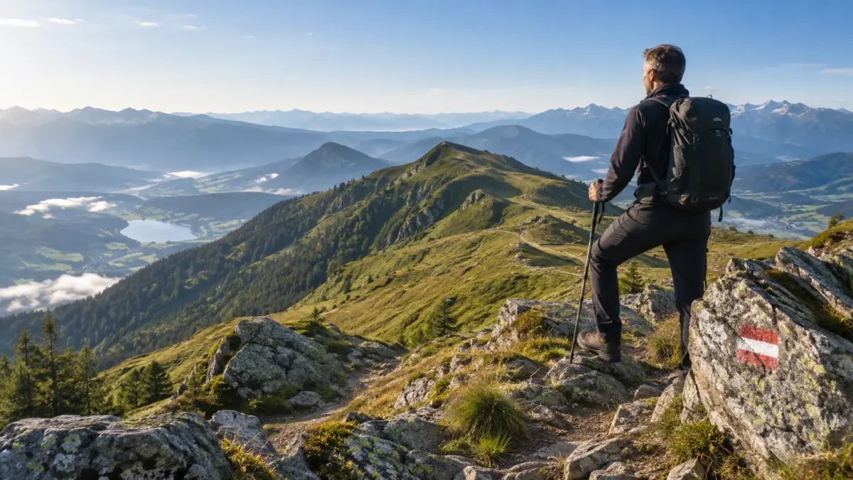 Wanderer blickt vom Mirnock über die Kärntner Nockberge